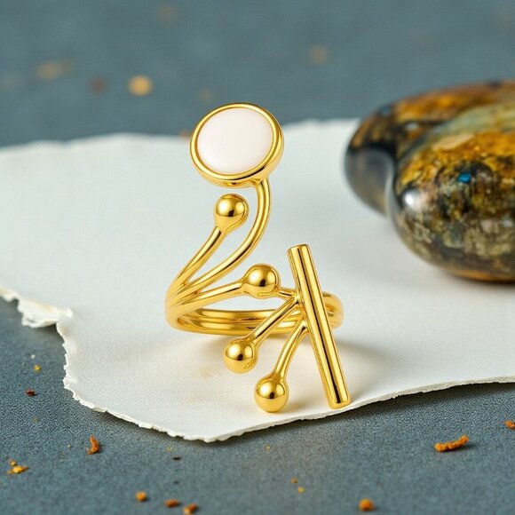 🆕Boho Chic Cocktail Ring 18K Gold Plated Brass With Glass Pearl Adjustable - Picture 13 of 13